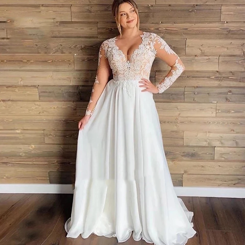 

Boho Wedding Dresses Plus Size V-Neck Full Sleeves Lace Applique Bride Gowns Chiffon Zipper Illusion A-Line Vestido De Noiva
