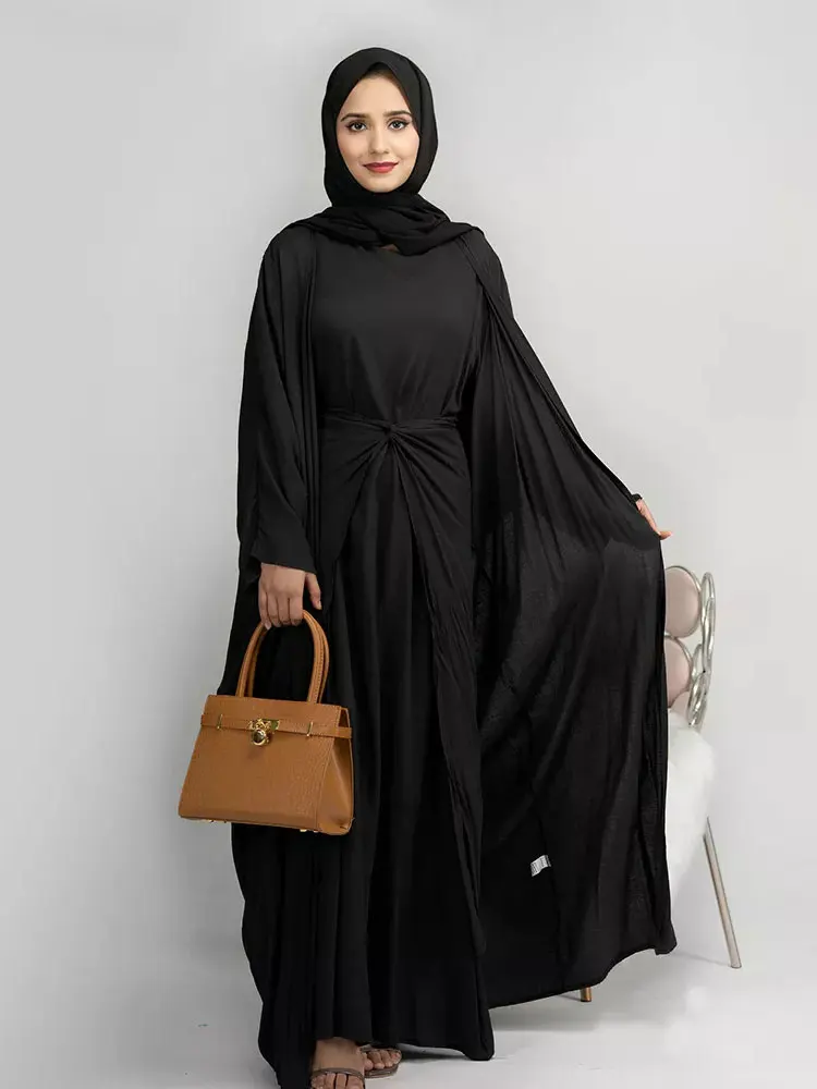 

Kimono Abaya 3 Piece Set Muslim Women Matching Outfits +Long Sleeves Dress+Wrap Skirt Ramadan Eid Prayer Islamic Clothing Jilbab