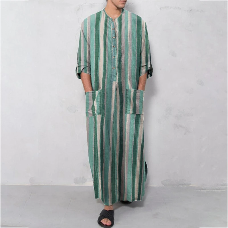 H9ED Men Robe with Pockets Long Sleeves Traditional Muslim Clothing Eid Arab Middle East Arab Jubba Thobe for Four Seasons