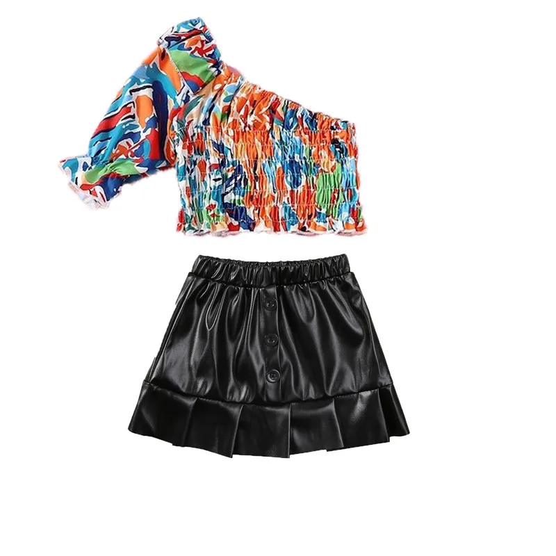 

Kid One Shoulder T-shirt + Skirt Chic Print Ruffle Decoration Elastic High Waist Clothing Children Clothing Baby Girl Clothes