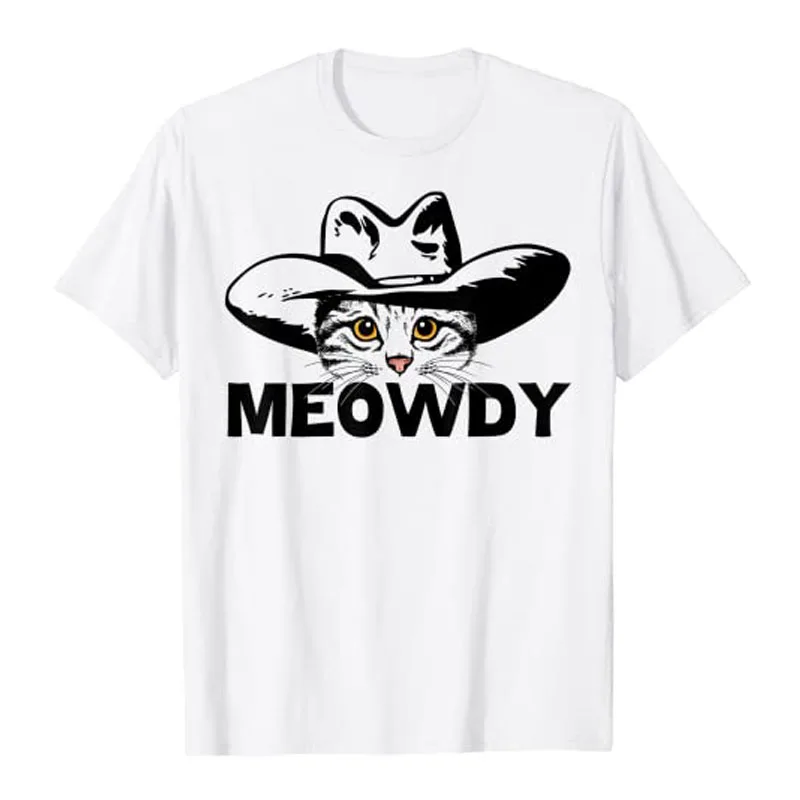 

Meowdy T-Shirt- Funny Mashup Between Meow and Howdy - Cat Meme Tee Tops Humorous Kitty Lover Graphic Outfits Cute Kitten Clothes