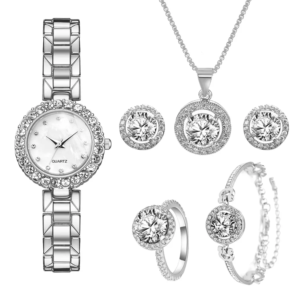 6PCS Set Luxury Watch Women Ring Necklace Earrings Rhinestone Clock Fashion Wristwatch Female Casual Ladies Watches Bracelet