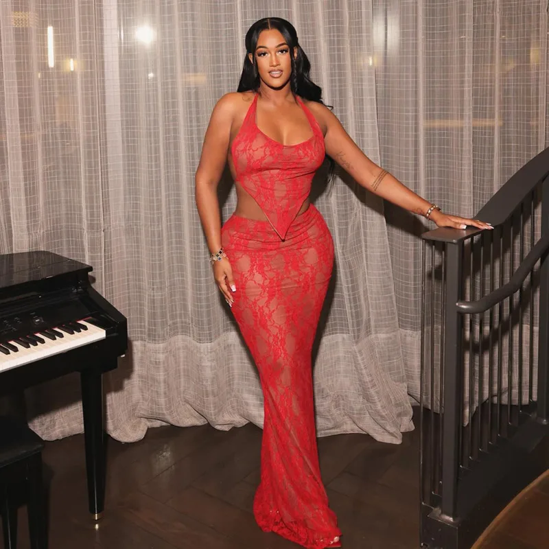 KOXINVES Летний Новый сетчатый кружевной на шнуровке без бретелек Топ + юбка женские