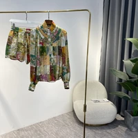 vintage two piece set 2022 spring summer women fashion lantern sleeve silk cotton blouse and elastic high waist shorts outfit