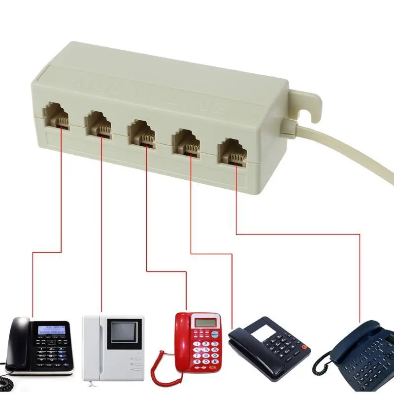 1pcs RJ11 Jack 5 Way Outlet Telephone Phone Modular Line Splitter Plug Adapter 6P4C Connect Up To 5 Phone Cords