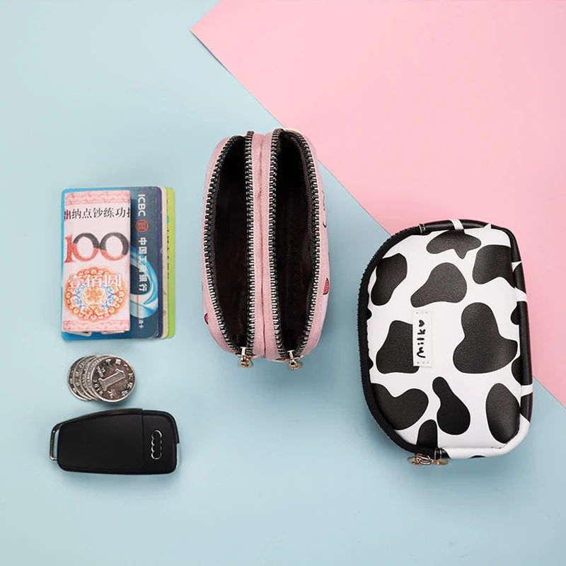 Cute Cow Pattern Coin Purse for Women Card Wallet Students Double Pocket Zipper Key Bag Portable Lipstick Bank Card Storage Bag