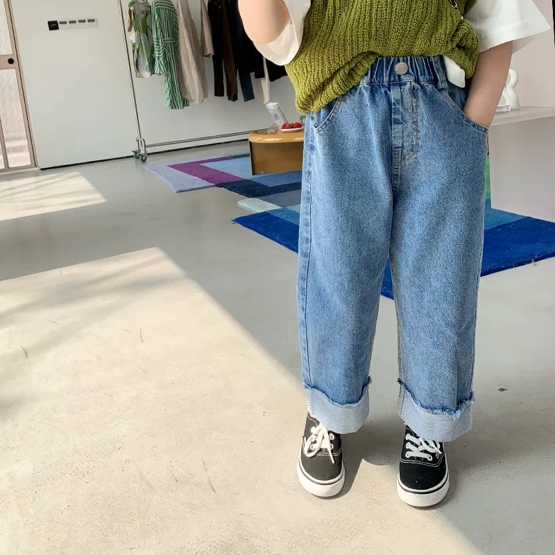 Spring summer Kids crimped wide leg jeans Boys and girls loose thin denim pants Children fashion casual trousers