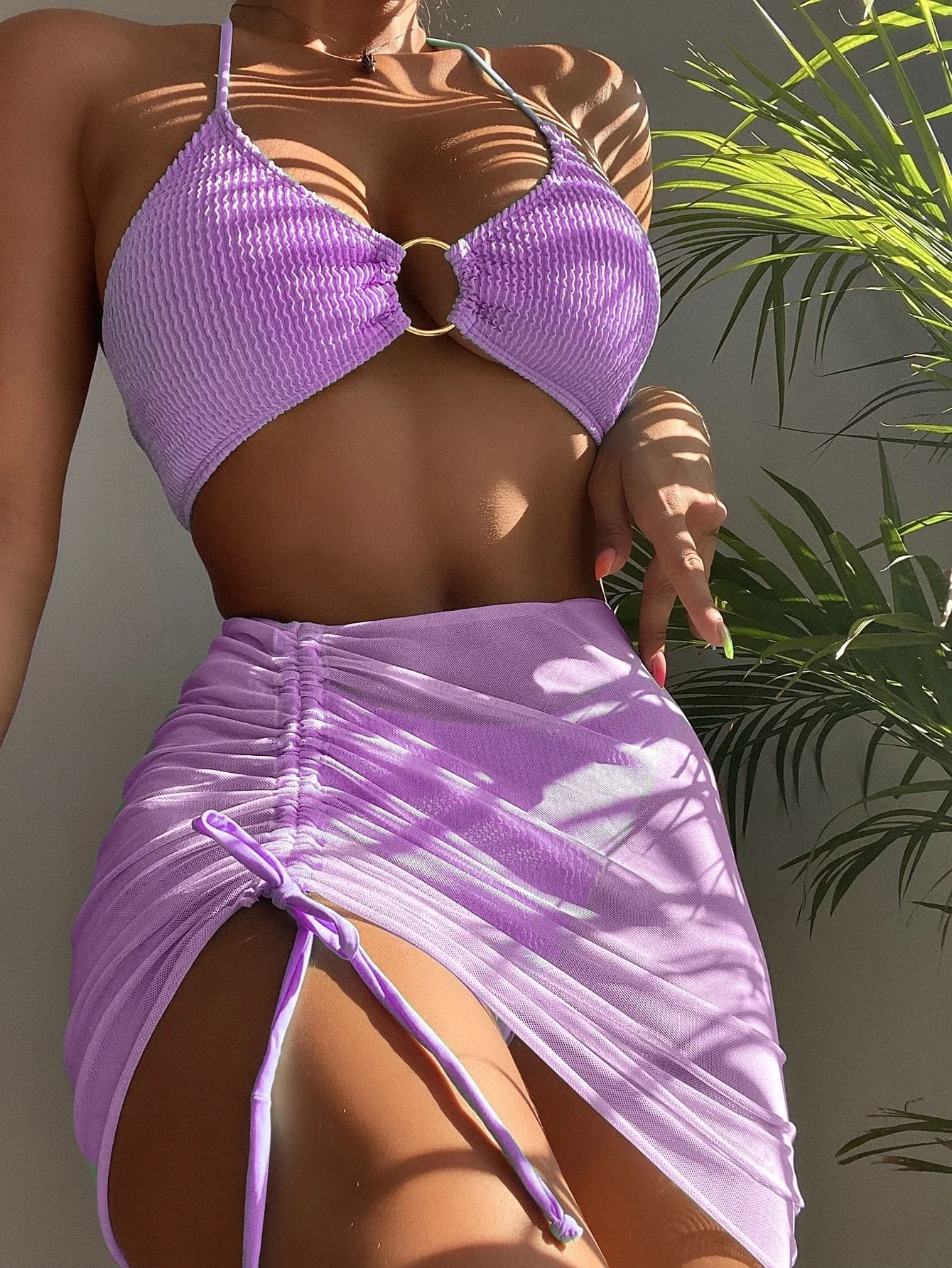 

3pack Textured Ring Linked Bikini Swimsuit With Beach Skirt