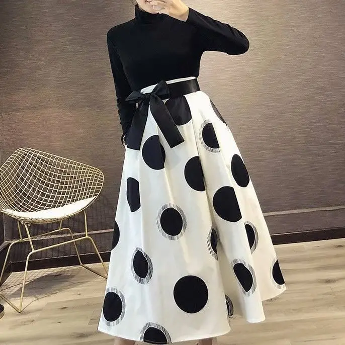 

Fashion Ball Gown Chic High Waist A-line Loose Skirt Korean 2023 New Summer Elegant High Waist Dot Midi Skirts Tops Z72