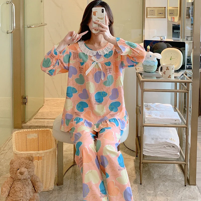 Spring  Autumn Long-sleeved Thin Cotton Silk Suit Loose Home Clothes Large Size White Lace Pullover Sleepwear