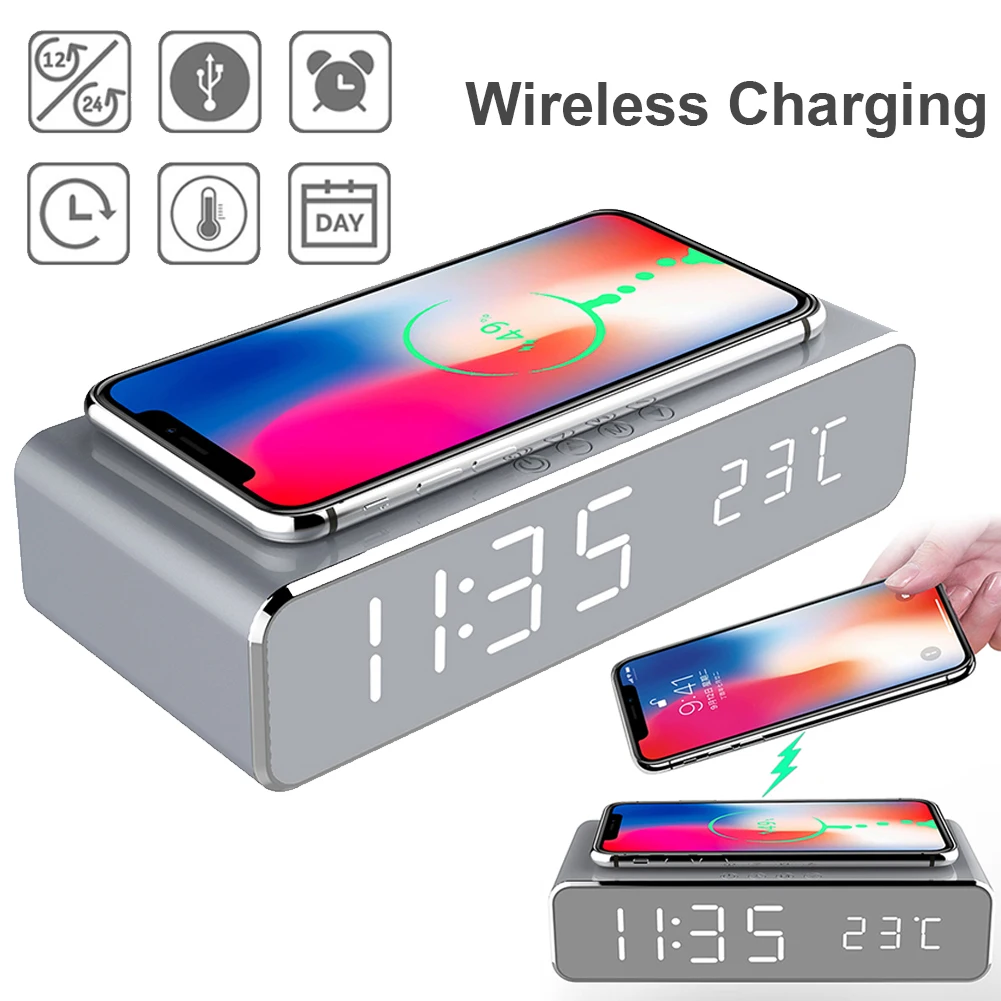 

RYWER Alarm Clock LED Electric With Cell Phone Charger Wireless Desktop Digital Thermometer Clock HD Mirror With Time Memory