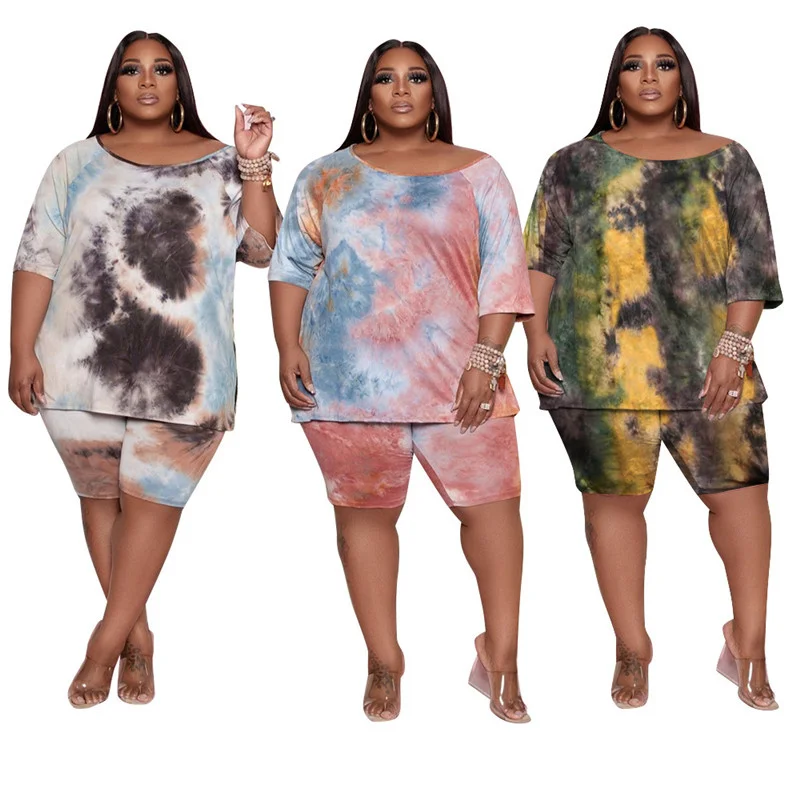 Plus Size Two Piece Set Women Wholesale Shorts Sets Tie Dye Casual Tshirt Crop Top and Short Pants Summer Tra 3xl 4xl 5xl 6xl