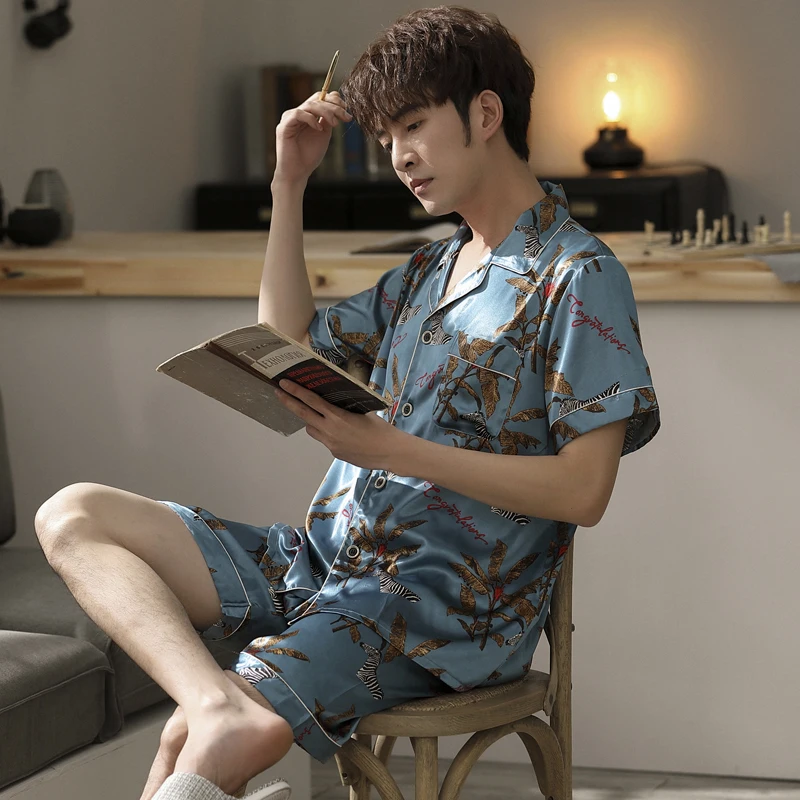 Летняя Пижама для мужчин одежда сна атласная шелковая мужская ночная рубашка с