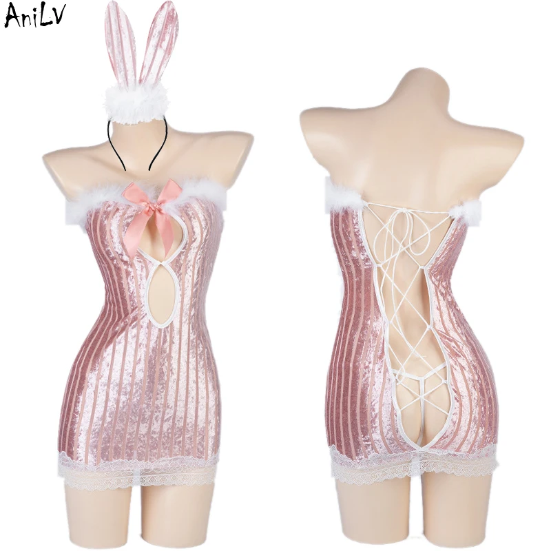 AniLV Sweet Candy Girl Pink Bling Shiny Bunny Dress Unifrom Women Hollow Tube Top Furry Nightdress Outfits Costumes Cosplay