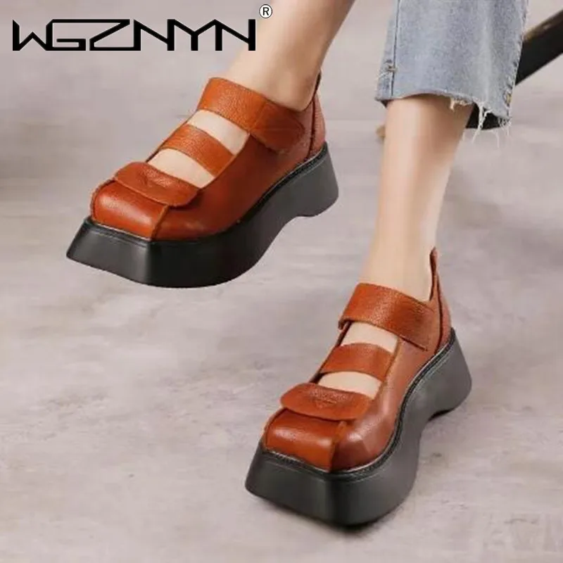 

Fashion Handmade Retro Sandals Pumps Women Shoe Genuine PU Leather 2022 New Round Toe Handmade Autumn Sewing Leisure Ladies Shoe