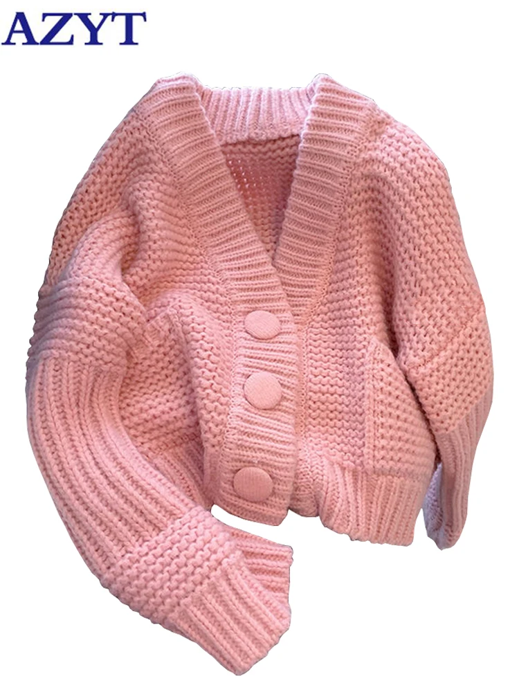 

AZYT Korean Loose V Neck Knitted Cardigan Female Jacket Pink Soft Women's Sweater Coat 2022 Autumn Winter Knitwear Tops Mujer