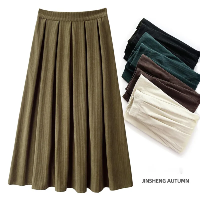 

Женские повседневные однотонные элегантные трапециевидные юбки Harajuku с высокой талией, модная Вельветовая уличная базовая юбка в стиле колледжа, Новинка