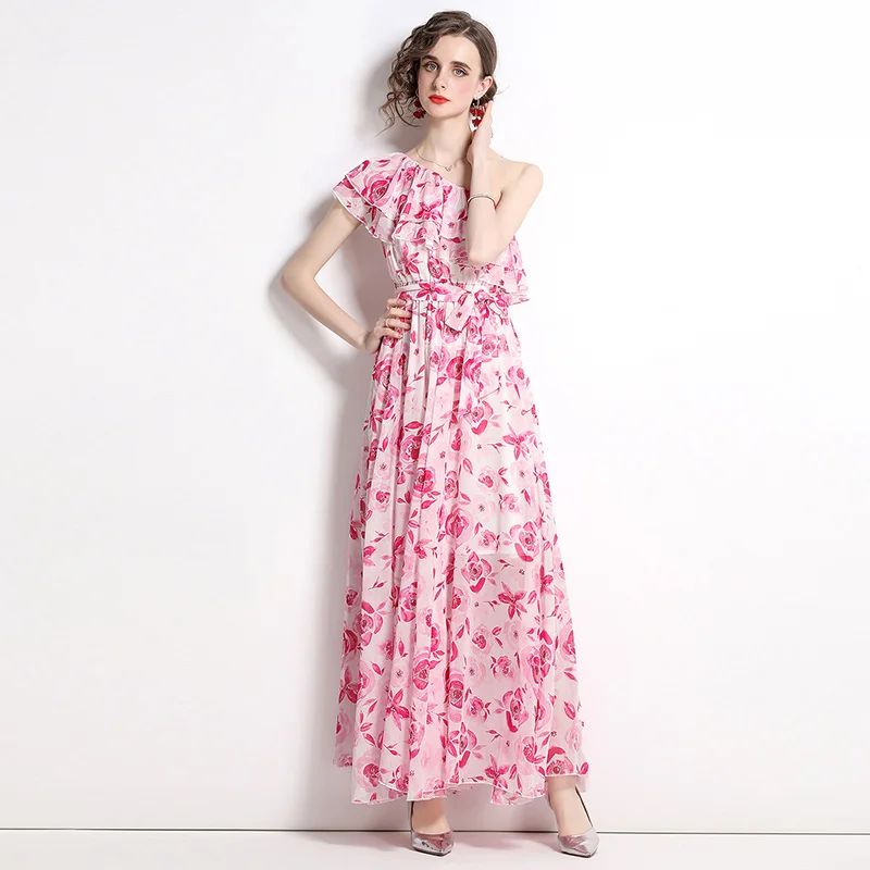 

Женское винтажное коктейльное платье макси, элегантное шифоновое платье с цветочным принтом, оборками и диагональным воротником, лето