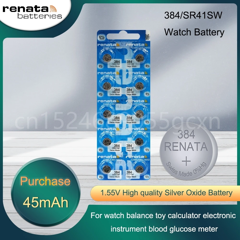 Аккумулятор Renata 384 SR41SW AG3 LR41 392A LR736 V3GA 192 1,55 в из оксида серебра для часов, игрушек, швейцарских кнопок