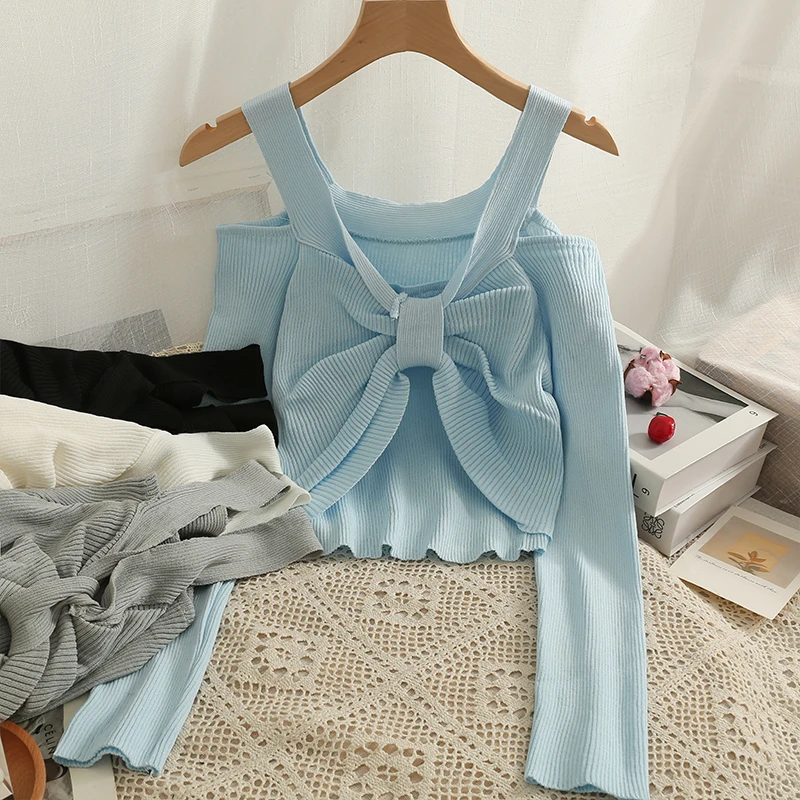 

Elegant Long Sleeve Knitted Pullover Off Shoulder Jumper Sweater Sweet Butterfly Slim Women Tops Vintage Autumn Femme Knitwear