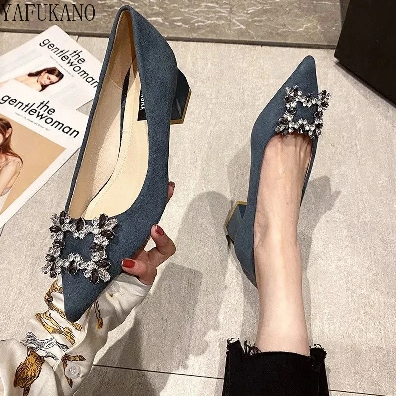 

Fashion 5Cm Thick Heel Single Shoes Womens Mid-Heel Career Work Shoes Rhinestone Square Buckle High Heels Solid Flock Lady Pumps