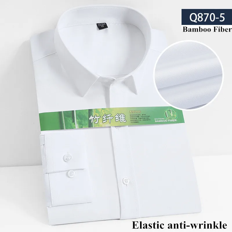 8XL7XL Bamboo Fiber Elastic Anti-wrinkle Shirt Men's Long-sleeved Solid Color White Shirt Slim Fit Shirt Men Plaid Striped Shirt