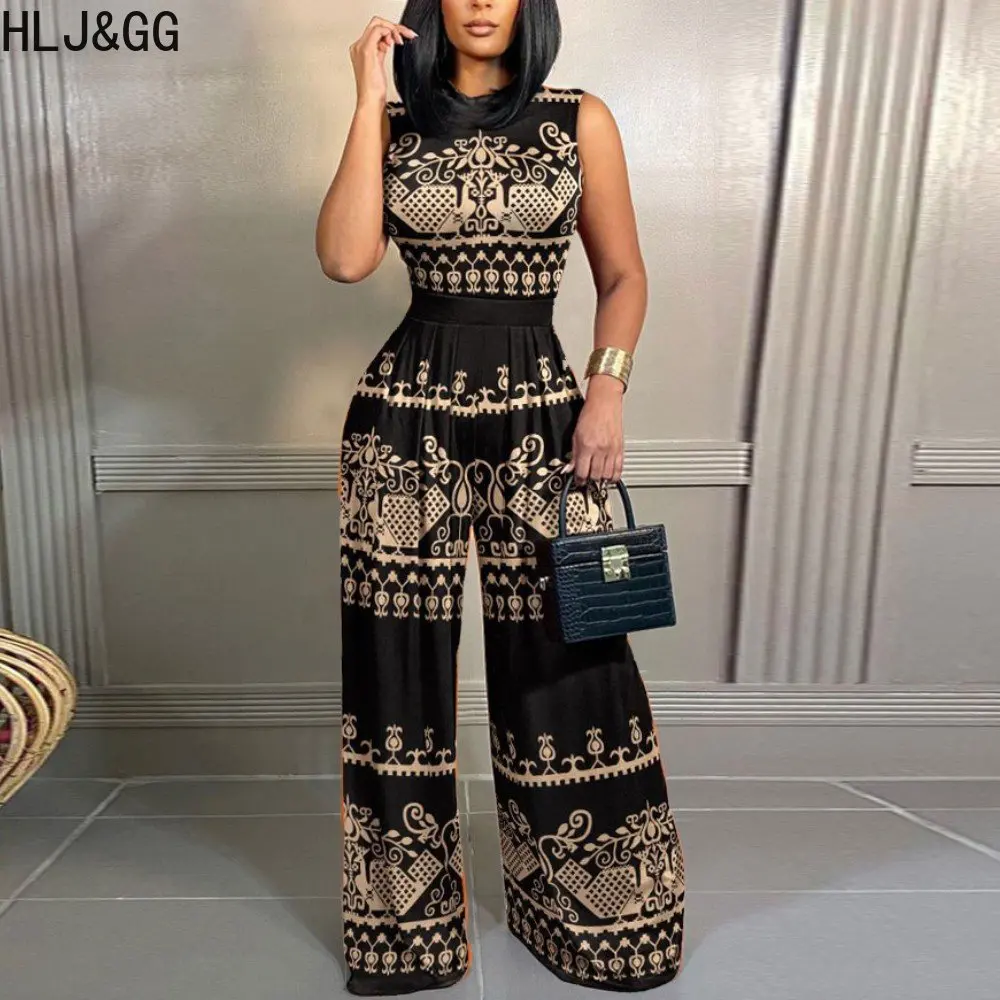 

HLJ&GG Elegant Lady Pattern Printing Pants Sets Women Sleeveless Bodysuits And Wide Leg Pants Two Piece Sets Casual 2pcs Outfits