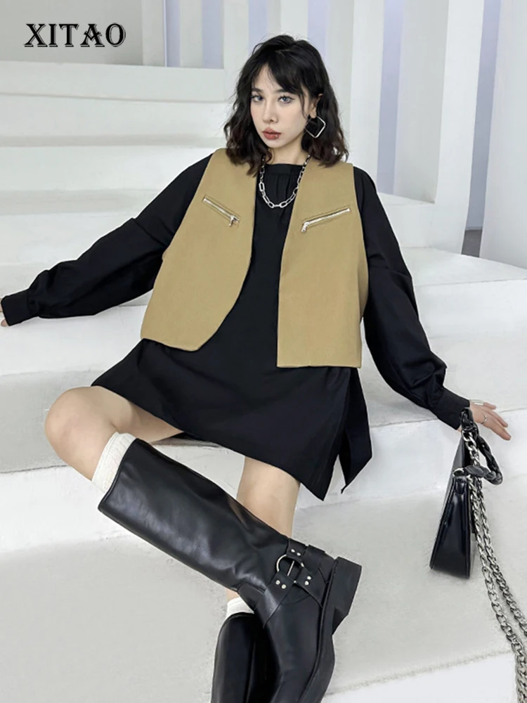 

XITAO Fashion Casual Short Vests Solid Color Simplicity Loose All-match New Women Sleeveless Top 2023 Autumn Vests HQQ1384