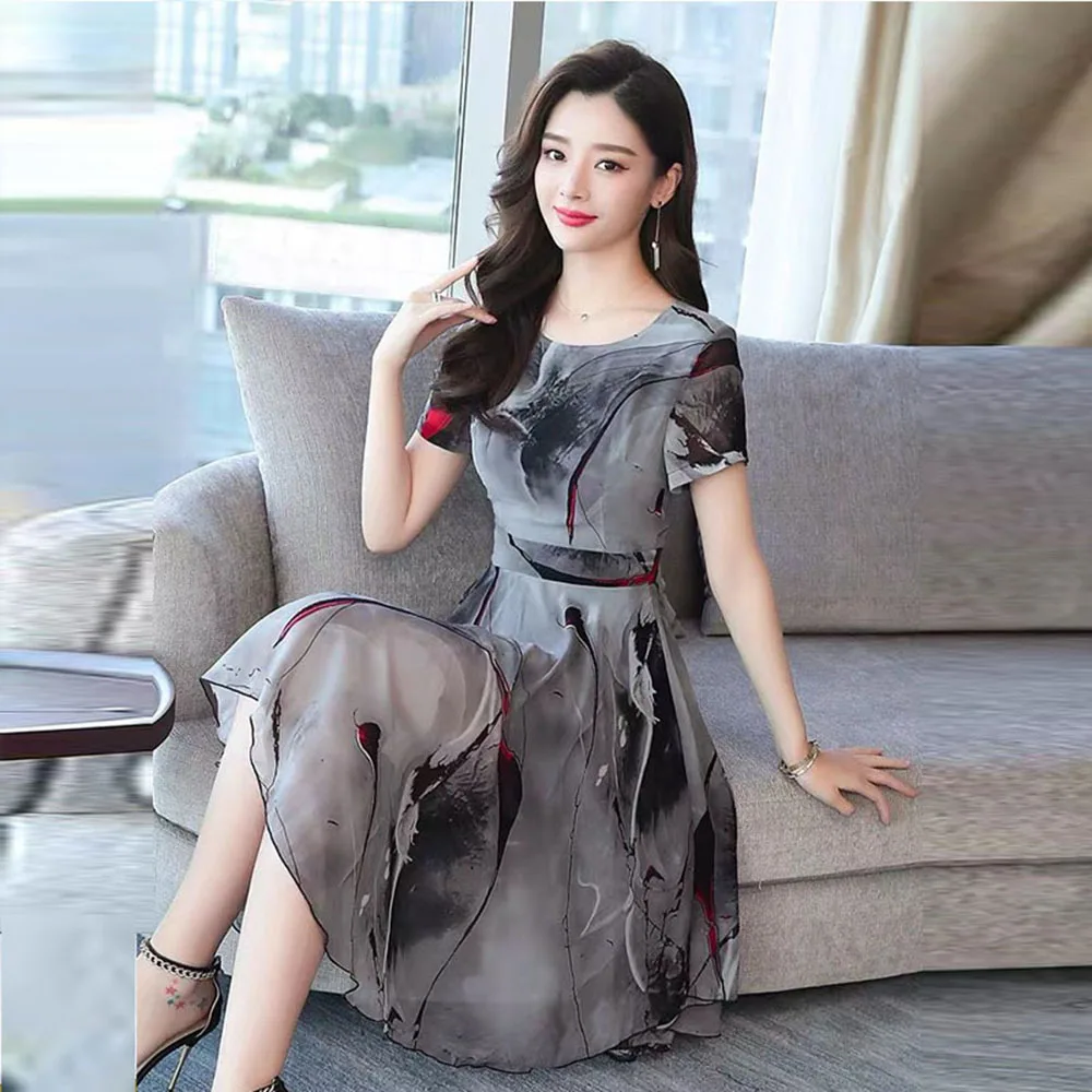 

2022 Summer Plus Size Print Chiffon Sundress Elegant Women Beach Midi Bodycon Short Sleeve Dresses Korean Vintage Boho Vestidos