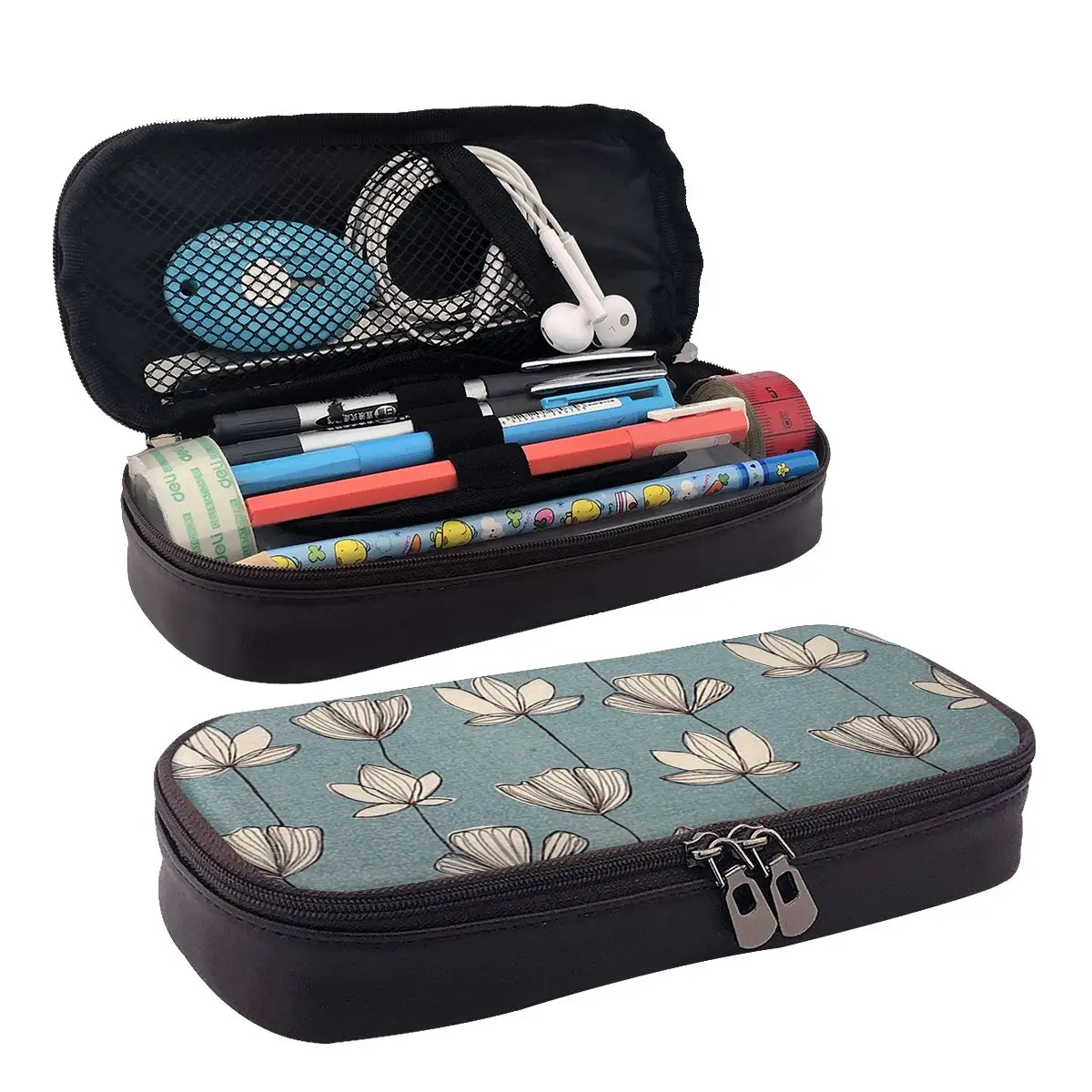 

Lotus Flower Leather Pencil Case Zipper Pencil Box Stationery Pen Pouch for Boys Girls School Students Work Office