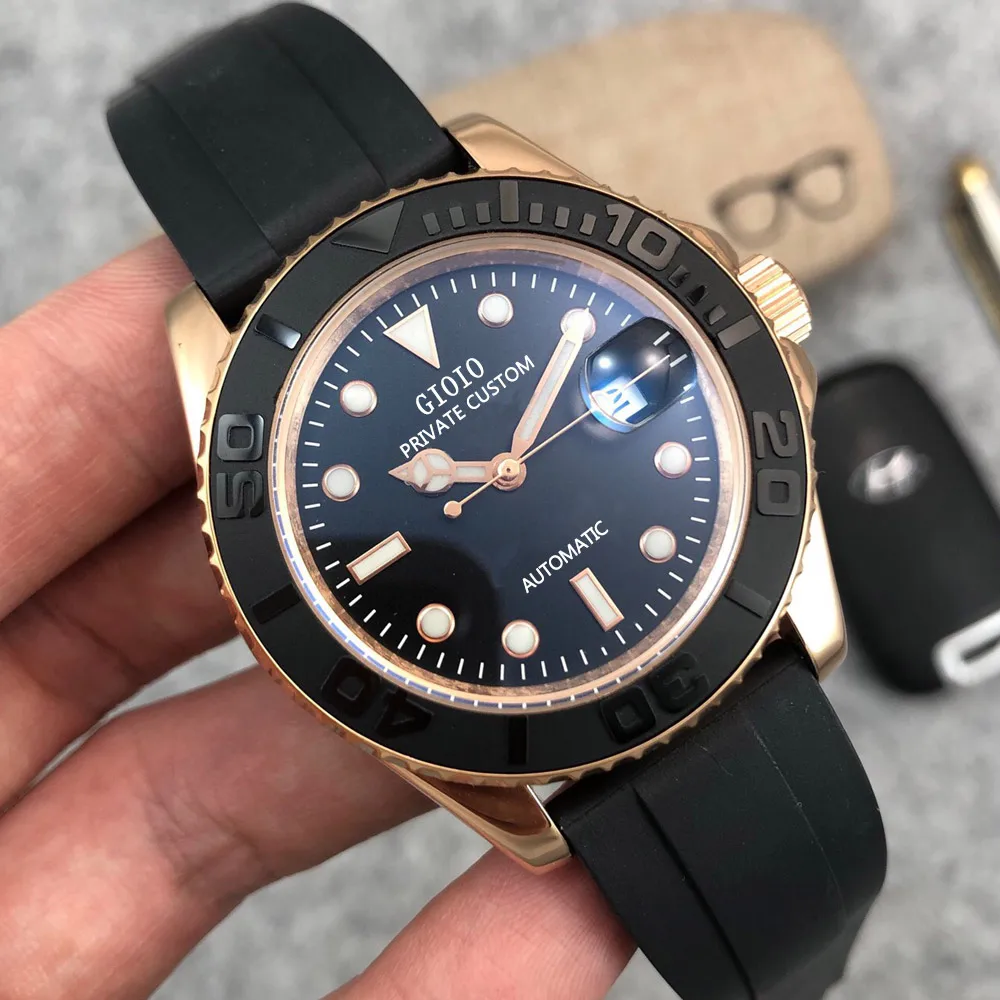 

40mm 44mm Automatic Mechanical Mens Watch Black Rubber Strap Luminous Ceramic Bezel YACHT