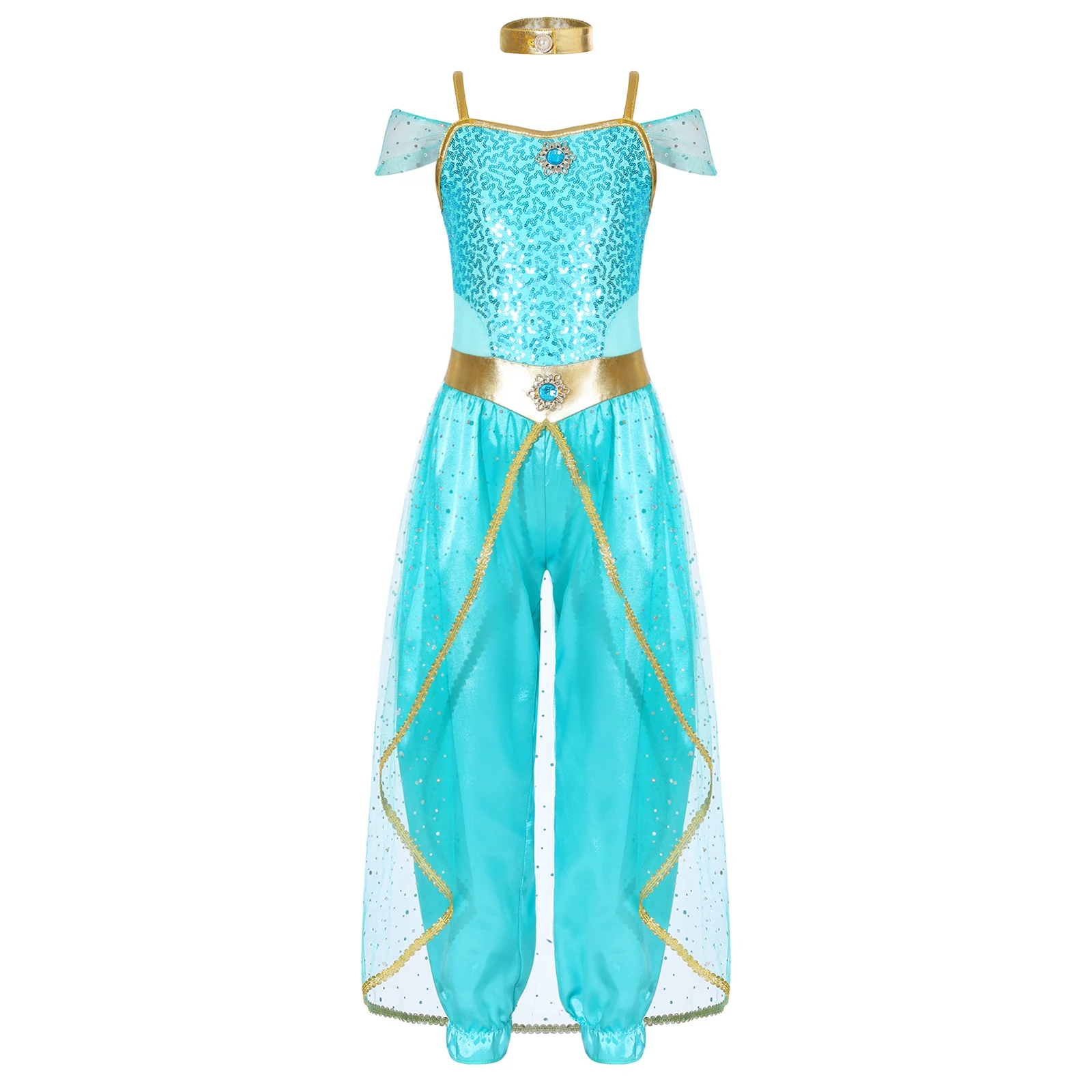 

Girls Arabian Princess Cosplay Costume Sleeveless Shiny Sequins Gem Patchwork Long Bodysuit with Choker for Dance Performance