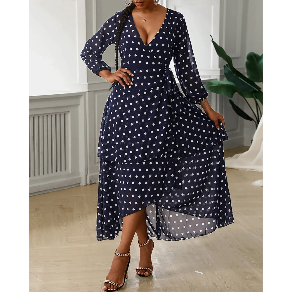 

Women V Neck Polkadot Print Layered Ruffles Maxi Dress Summer Casual Asymmetrical A-Line Long Dress Holiday Sexy Robes