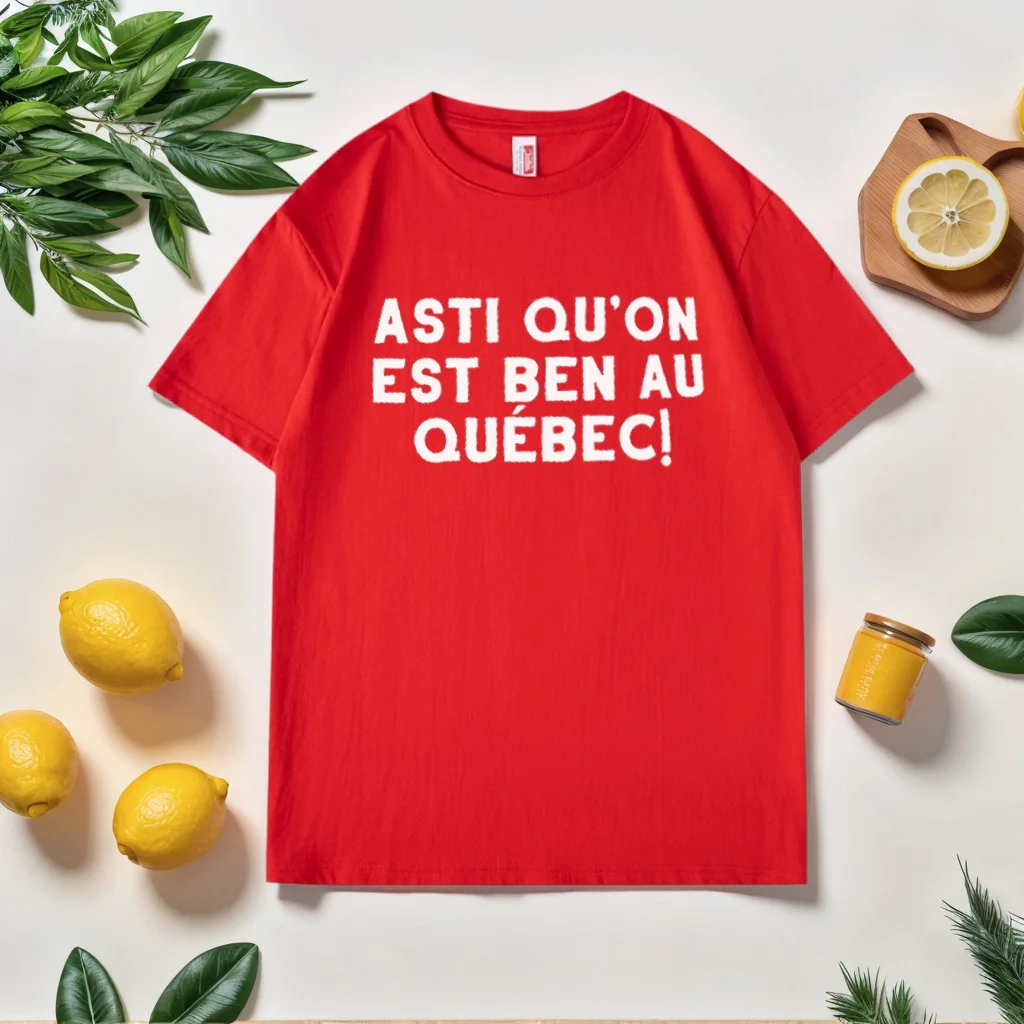 Футболка QUEBEC LIBR с графическим принтом ASTI QU'ON EST BEN AU QUEBEC Персонализированная рубашка свободного стиля с коротким рукавом Повседневная простая хлопковая рубашка (art.: 3920cd805cde3) - 3920cd805cde3