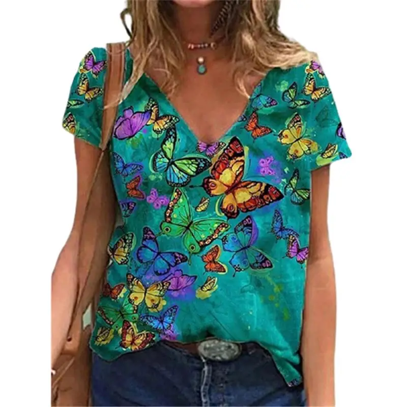 

New Fashion Ladies Cartoons Butterfly Print T Shirt Short Sleeve V-Neck Women Tops Casual Summer Pullovers Loose Shirts Femme