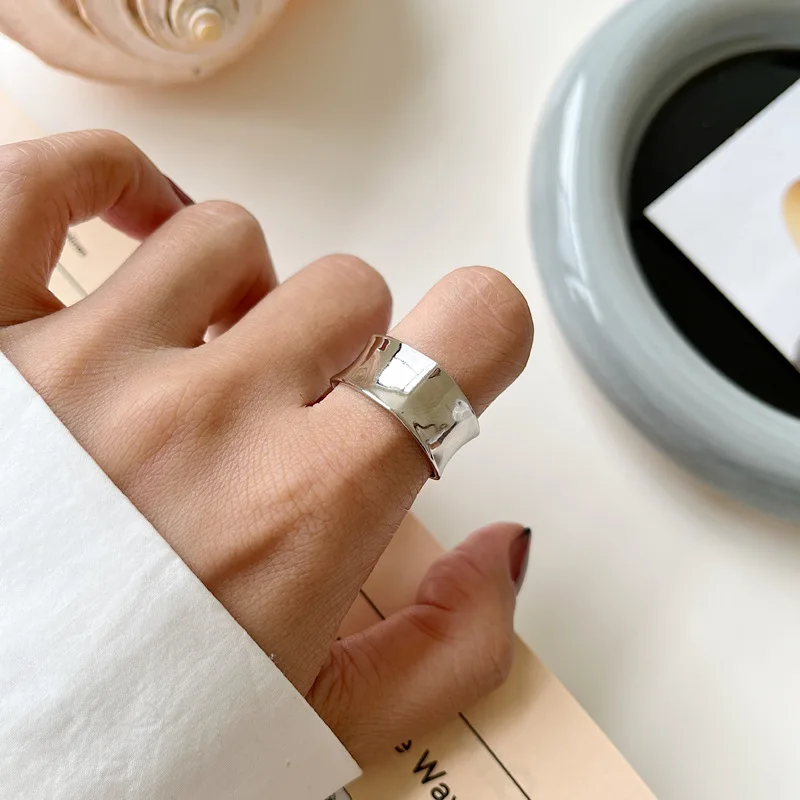 Silvology Real 925 Sterling Silver Glossy Concave Rings for Women Wide Version INS Style Minimalist Korea Rings Stylish Jewelry