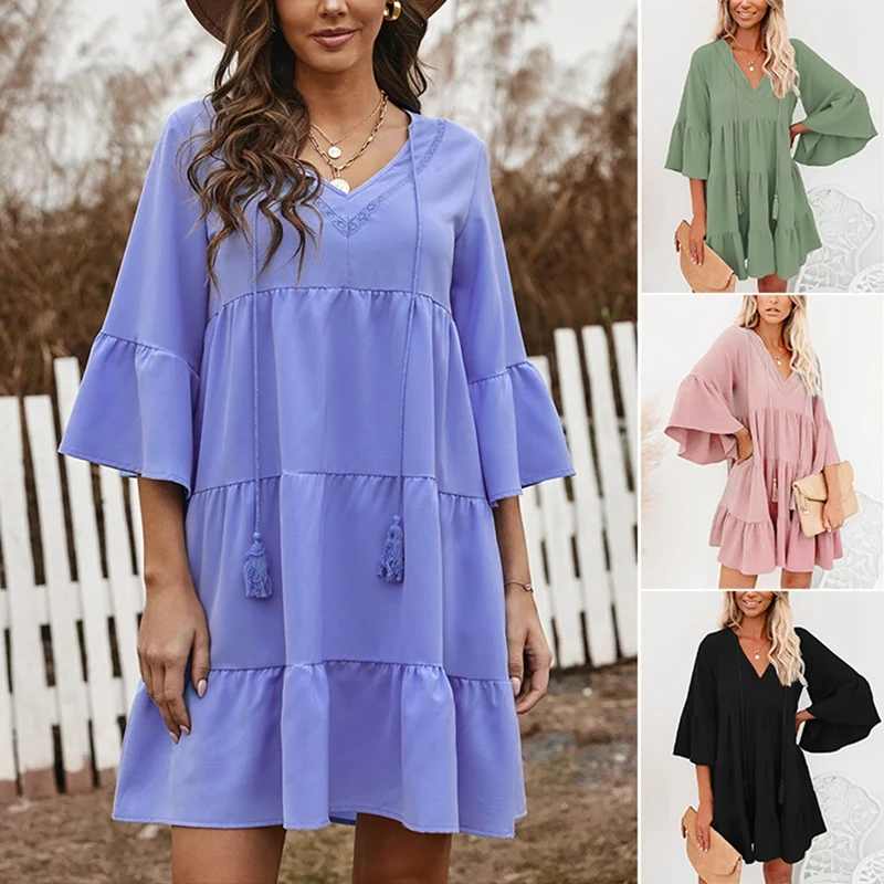 

Women's Babydoll Tunic Dress V Neck 3/4 Sleeve Ruffle Sundress Casual Loose Swing Mini Dresses