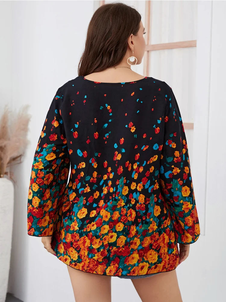 Summer round neck casual fresh sweet plump mm women's printed large long sleeved shirt plus size women clothing