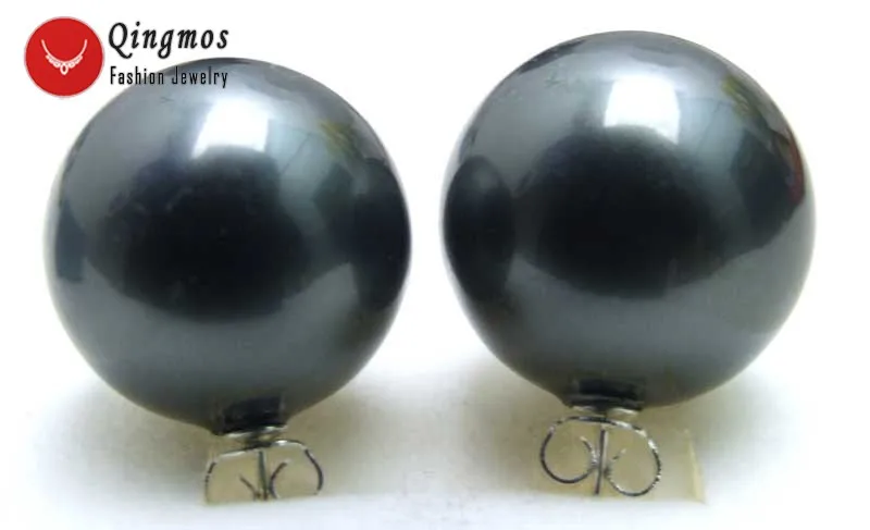 

Qingmos Fashion 18mm Round Sea Shell Pearl Earrings for Women with Black Sea Shell Pearl Stud Earring Fine Jewelry E423