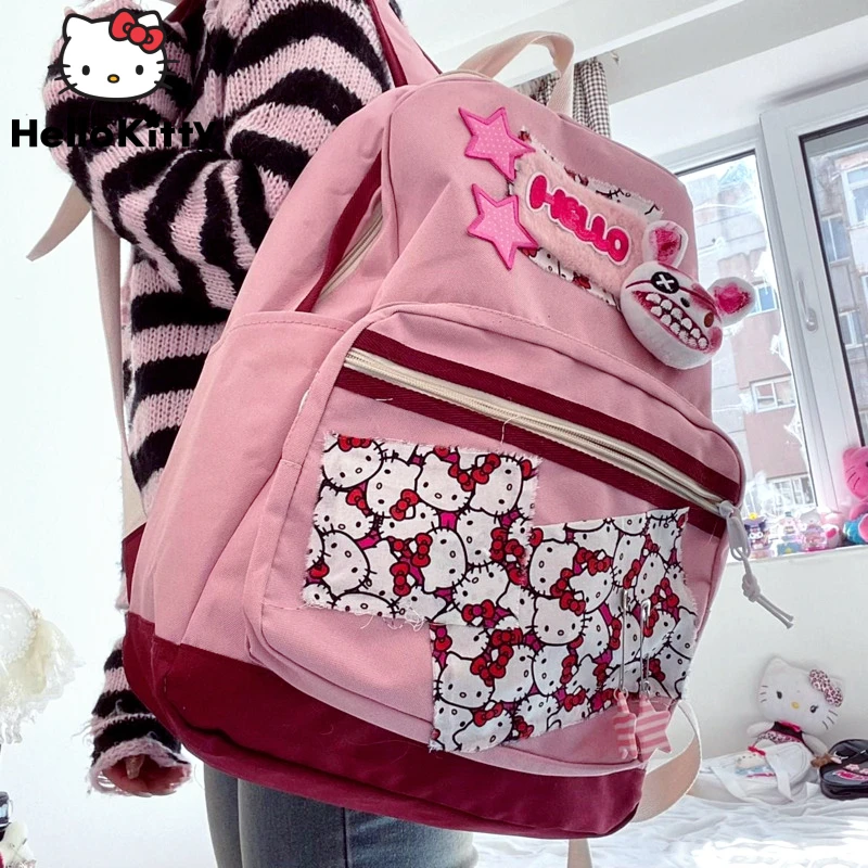 Sanrio Hello Kitty Gray Pink Backpacks For Women Y2k Goth 2023 New Texture Style Student Backpack Grunge Teens Vintage Schoolbag