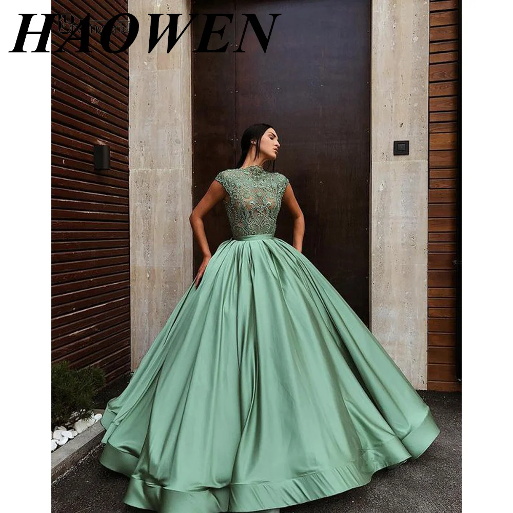 

Элегантное бальное платье HAOWEN, вечерние платья, атласное платье с круглым вырезом и кружевными рукавами-крылышками, пыльно-розовое официал...