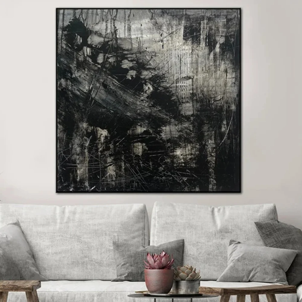 

Black Painting On Canvas Large Abstract Grey Wall Art Modern Dark Original Artwork Oil Painting Contemporary For Fashion Decor