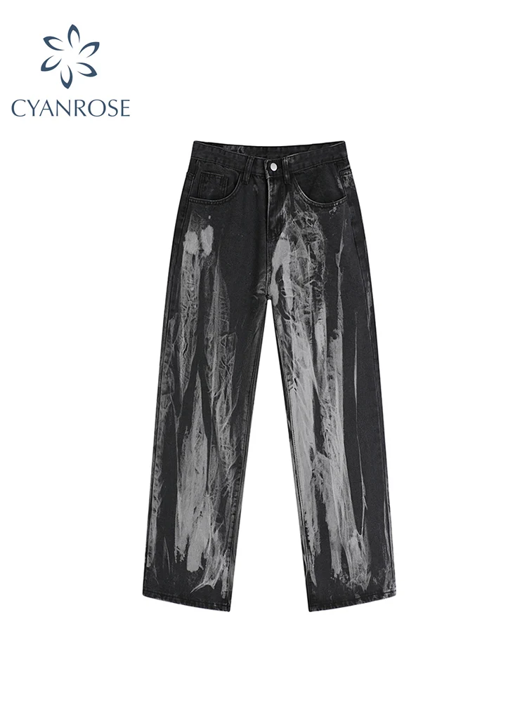 

Fashion Women Straight Jeans Korean High Waist Washed Irregular Tie-Dyed Baggy Autumn Denim Pants Vintage Casual Trousers Tide