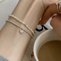 south korea japan style double layer pearl beads love heart pendant bracelet for women new trend fashion jewelry accessories