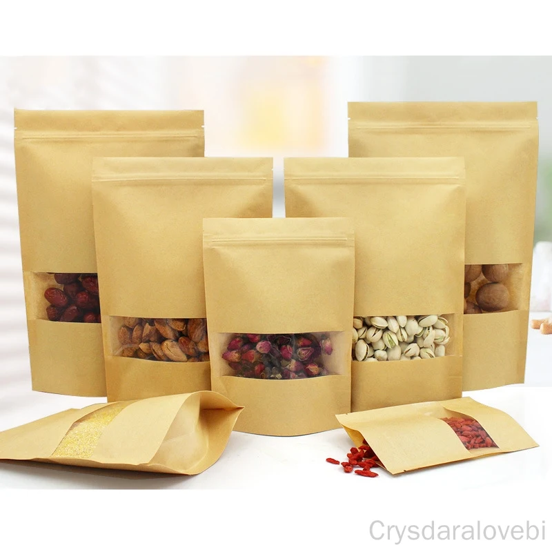 

100 pcs Kraft Paper Bags Zip Lock Stand-up Reusable Sealing Food Pouches with Matte Window and Tear Notch for Storing Cookie