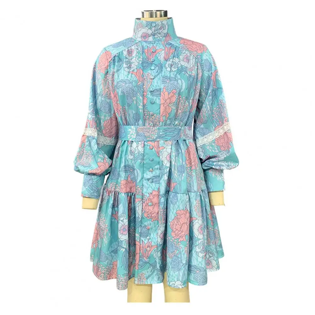 

Above Knee Length Stylish Spring Autumn Woman Printed Mini Shirt Dress A-Line Autumn Dress Stand Collar Female Clothing