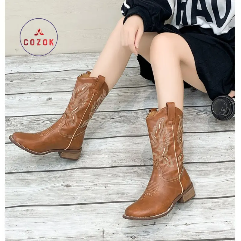 

Женские ботинки в ретро-стиле, ковбойские ботинки на квадратном каблуке, с квадратным носком, в римском стиле, осень/зима, 2022