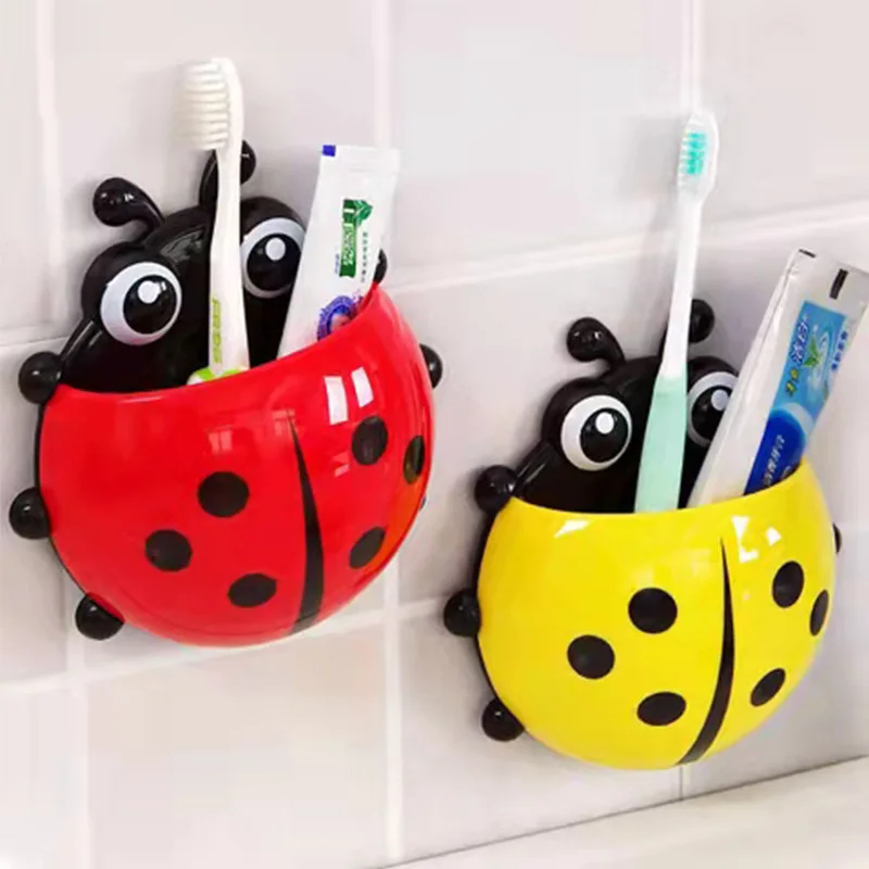 

Punch-Free Ladybug Toothbrush Holder Wall Storage Rack Creative Toothbrush Organizers Bathroom Wall Decorations