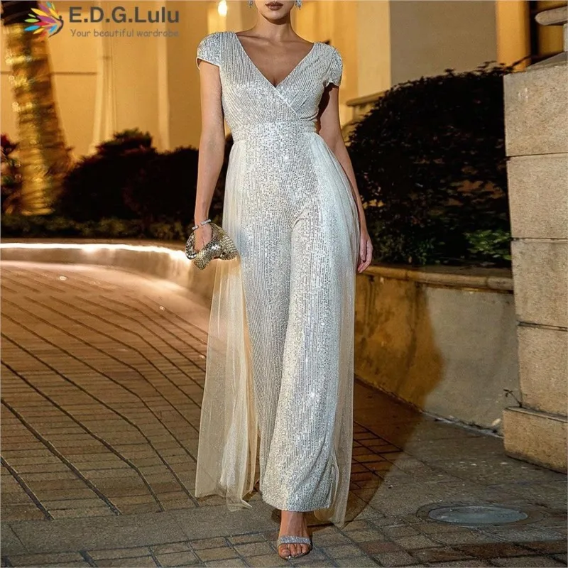 

EDGLuLu Fashion Short Sleeves Jumpsuit Women Casual High Waist Wide Leg Pants One Piece Suit Sequin Jumpsuit Streetwear 0702