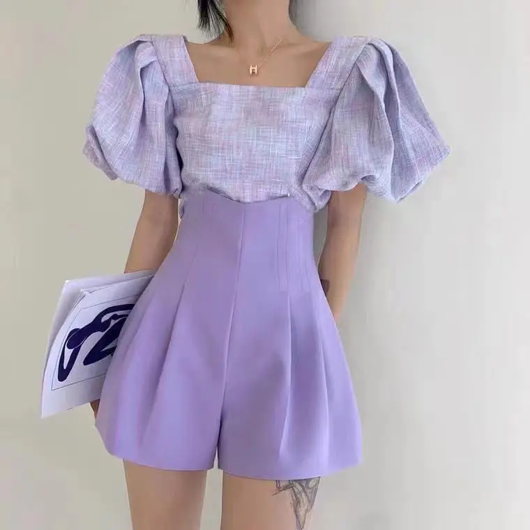 

Women 2022 Summer New 2 Piece Sets Female Square Collar Short Blouse Tops + High Waist Loose A-line Shorts Ladies Suits P62